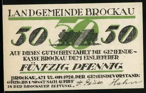 Notgeld Brockau, 1920, 50 Pfennig, grüne 50 mit schwarz-grüner Eisenbahner Grafik und Seriennummer 037103