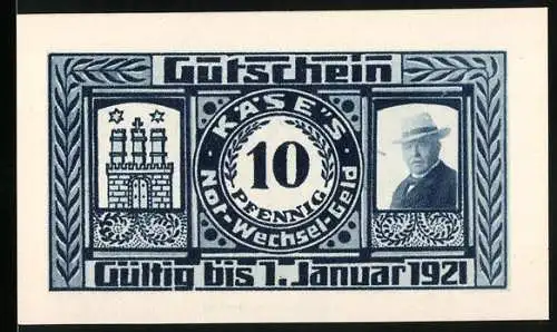 Notgeld Hamburg, 1921, 10 Pfennig, Gutschein gültig bis 1. Januar 1921, einzulösen bei H. Käse, Alsterarcaden 9