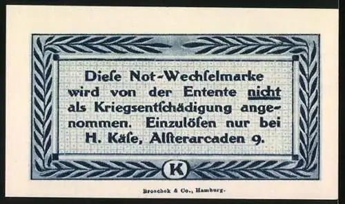 Notgeld Hamburg, 1921, 10 Pfennig, Gutschein gültig bis 1. Januar 1921, einzulösen bei H. Käse, Alsterarcaden 9