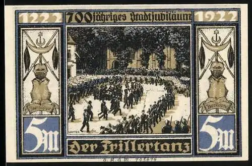 Notgeld Attendorn, 1922, 5 Mark, 700-jähriges Stadtjubiläum mit Stadtwappen und historischen Türmen