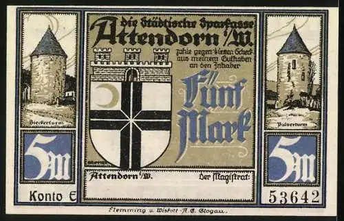 Notgeld Attendorn, 1922, 5 Mark, 700-jähriges Stadtjubiläum mit Stadtwappen und historischen Türmen