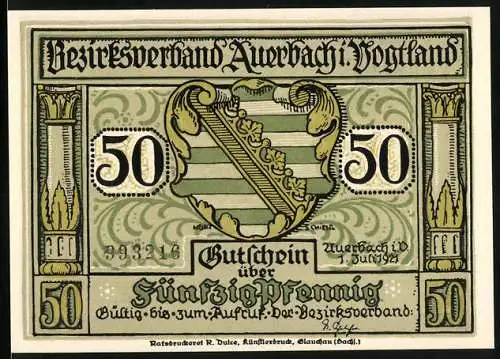 Notgeld Auerbach 1921, 50 Pfennig, Bezirksverband Auerbach i.V. mit Wappen und historischer Szene