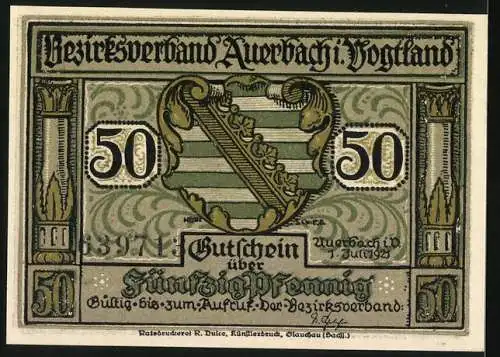 Notgeld Auerbach 1921, 50 Pfennig, Darstellung einer Frau und eines Mannes, Wappen und Wertangabe