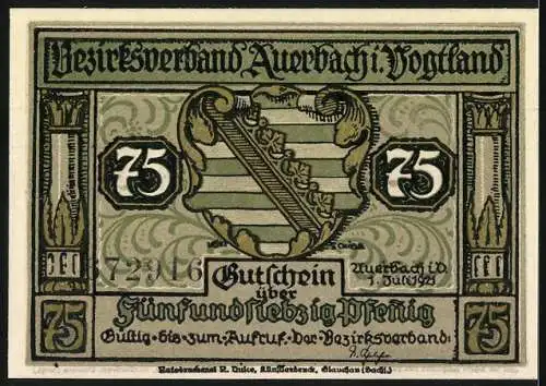 Notgeld Auerbach 1921, 75 Pfennig, Silhouette eines Teufels und Stadtwappen, Bis in der Auerbacher Luft...