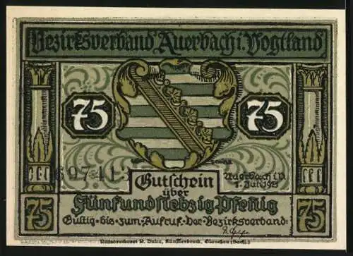 Notgeld Auerbach i. Vogtland, 1921, 75 Pfennig, Frau kocht am Herd und Mann am Tisch mit Eiern