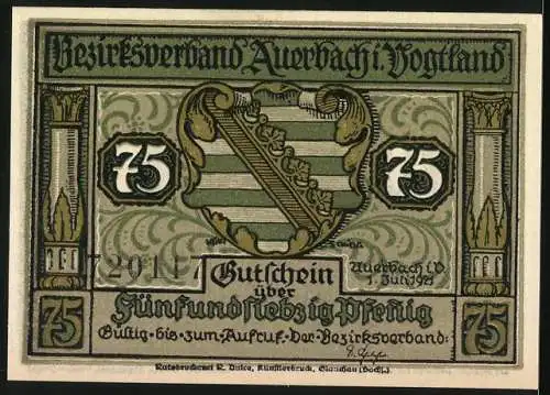 Notgeld Auerbach, 1921, 75 Pfennig, Gutschein des Bezirksverbands Auerbach /Vogtland mit Wappen und Spruch