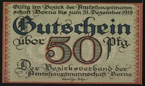 Notgeld Borna, 1919, 50 Pfennig, Schloss mit Turm und Gebäude, Gutschein gültig bis 31. Dezember 1919