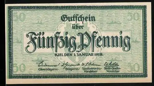 Notgeld Kiel 1918, 50 Pfennig, Gutschein über Fünfzig Pfennig mit Stadtansicht von Kiel