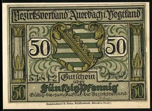 Notgeld Auerbach i. Vogtland, 1921, 50 Pfennig, Bezirksverband Wappen und Ornamente