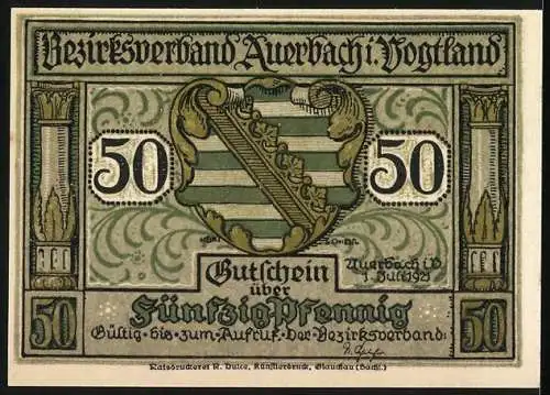 Notgeld Auerbach i. Vogtland, 1921, 50 Pfennig, Bezirksverband Wappen und Ornamente