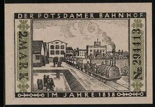 Notgeld Berlin, 1922, 2 Mark, Darstellung des Potsdamer Bahnhofs im Jahr 1838 und Eisenbahn