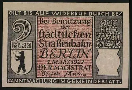 Notgeld Berlin, 1922, 2 Mark, Darstellung des Potsdamer Bahnhofs im Jahr 1838 und Eisenbahn