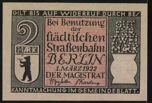 Notgeld Berlin 1899, 2 Mark, Erste Benzindroschke, Seriennummer Nr. 174516, gültig bis auf Widerruf