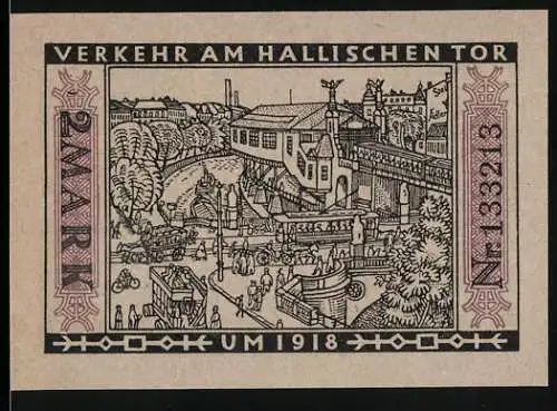 Notgeld Berlin, 1922, 2 Mark, Verkehr am Hallischen Tor und städtische Strassenbahn