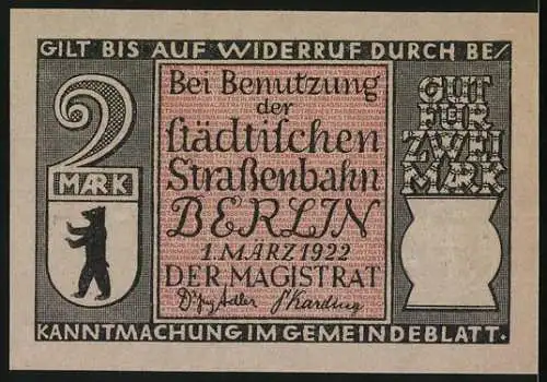 Notgeld Berlin, 1922, 2 Mark, Verkehr am Hallischen Tor und städtische Strassenbahn