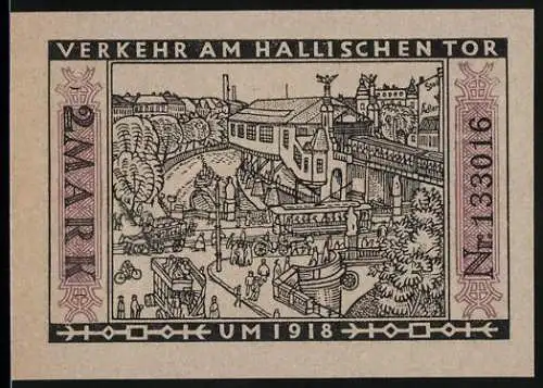 Notgeld Berlin, 1922, 2 Mark, Verkehr am Halleschen Tor und städtische Strassenbahn