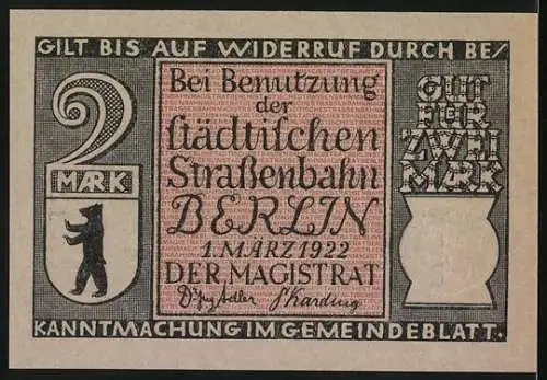 Notgeld Berlin, 1922, 2 Mark, Verkehr am Halleschen Tor und städtische Strassenbahn