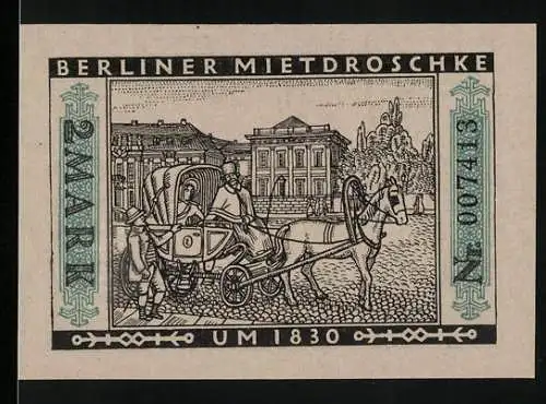 Notgeld Berlin 1922, 2 Mark, Berliner Mietdroschke um 1830, Pferdebahn