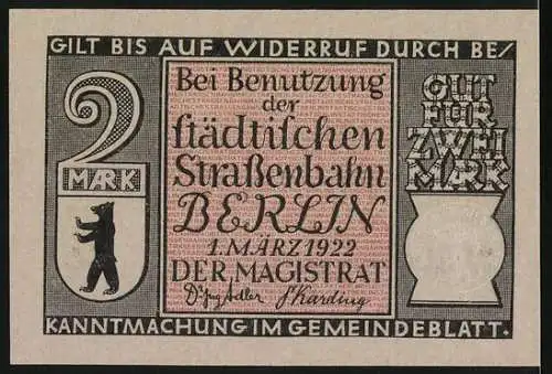 Notgeld Berlin 1922, 2 Mark, Berliner Mietdroschke um 1830, Pferdebahn