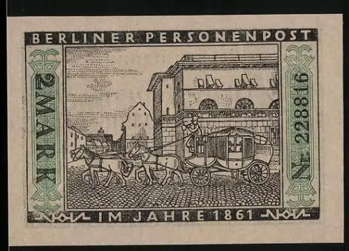 Notgeld Berlin, 1922, 2 Mark, Berliner Personenpost im Jahre 1861 und städtische Strassenbahn