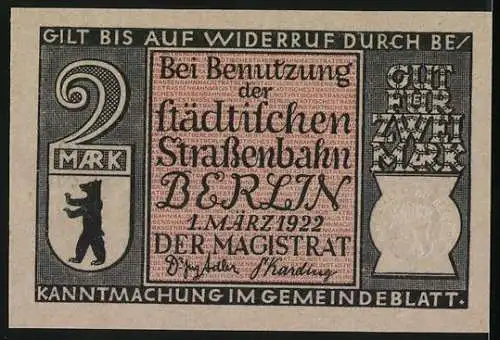 Notgeld Berlin, 1922, 2 Mark, Berliner Personenpost im Jahre 1861 und städtische Strassenbahn