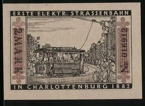 Notgeld Charlottenburg 1882, 2 Mark, Erste elektrische Strassenbahn in Charlottenburg, Strassenbahnszene