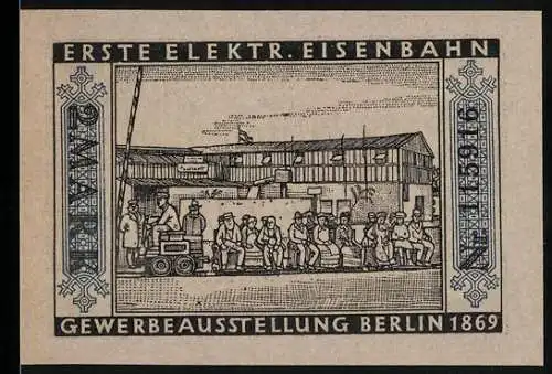 Notgeld Berlin 1922, 2 Mark, Erste Elektr. Eisenbahn, Gewerbeausstellung Berlin 1869