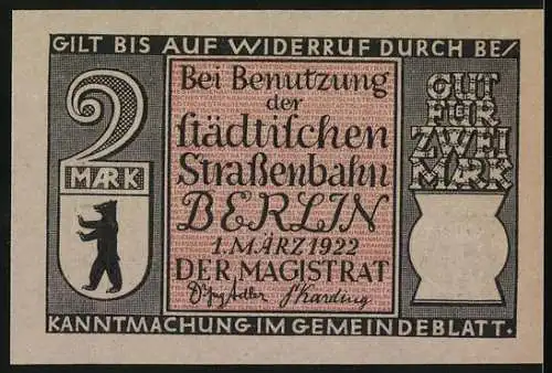 Notgeld Berlin 1922, 2 Mark, Erste Elektr. Eisenbahn, Gewerbeausstellung Berlin 1869