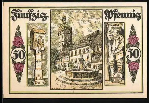 Notgeld Sangerhausen, 1921, 50 Pfennig, Rosenstadt mit Brunnen und Statuen, Serie 88209