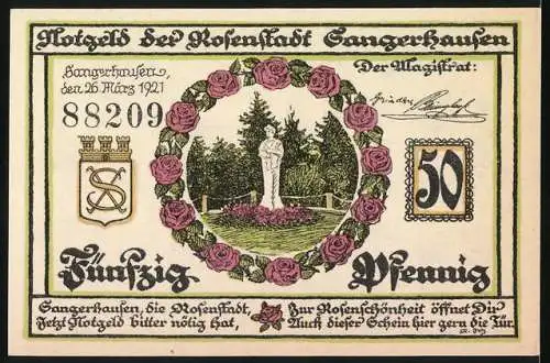 Notgeld Sangerhausen, 1921, 50 Pfennig, Rosenstadt mit Brunnen und Statuen, Serie 88209