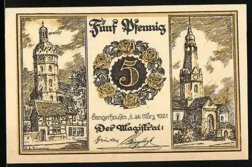 Notgeld Sangerhausen, 1921, 5 Pfennig, Rosenstadt-Motiv mit Türmen und Stadtwappen