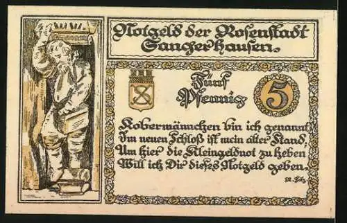 Notgeld Sangerhausen, 1921, 5 Pfennig, Rosenstadt-Motiv mit Türmen und Stadtwappen