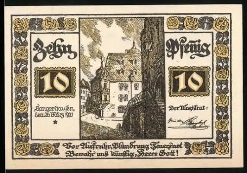 Notgeld Sangerhausen 1921, 10 Pfennig, historische Stadtansicht und Wappen der Rosenstadt, mit Rosenmuster eingerahmt