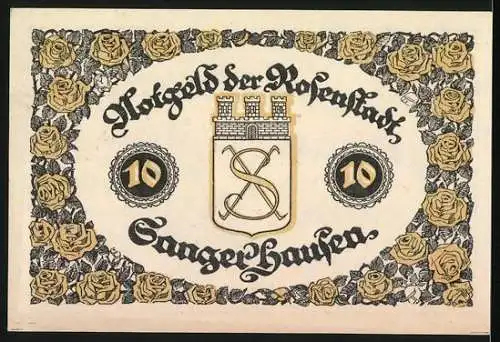 Notgeld Sangerhausen 1921, 10 Pfennig, historische Stadtansicht und Wappen der Rosenstadt, mit Rosenmuster eingerahmt