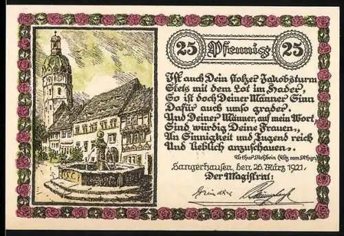 Notgeld Sangerhausen 1921, 25 Pfennig, Stadtansicht mit Jakobsturm und Wappen, Rosenbordüre