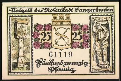 Notgeld Sangerhausen 1921, 25 Pfennig, Stadtansicht mit Jakobsturm und Wappen, Rosenbordüre