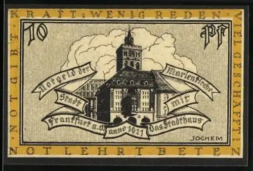 Notgeld Frankfurt a.O., 1921, 10 Pfennig, Stadt mit Gasthofhaus, Haupt- und Handelsstadt, Wappen und Text