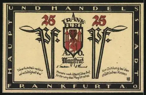 Notgeld Frankfurt a. d. Oder, 25 Pfennig, Rathaus und Stadtwappen im Design von Jochem