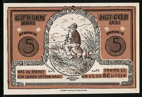 Notgeld Gifhorn 1921, 5 Pfennig, Bauer mit Ackergerät und Spruch in Blumenrahmen