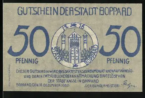 Notgeld Boppard, 1920, 50 Pfennig, Stadttor und Landschaft mit Fluss und Gebäuden