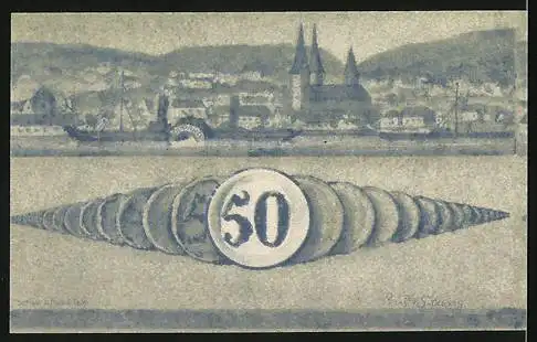 Notgeld Boppard, 1920, 50 Pfennig, Stadttor und Landschaft mit Fluss und Gebäuden