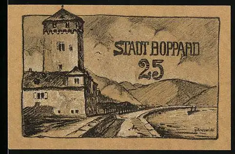 Notgeld Boppard 1920, 25 Pfennig, Stadtansicht mit Turm und Landschaft