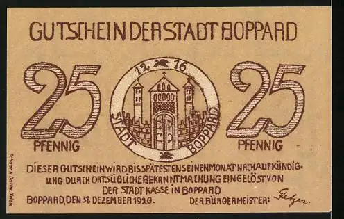 Notgeld Boppard 1920, 25 Pfennig, Stadtansicht mit Turm und Landschaft