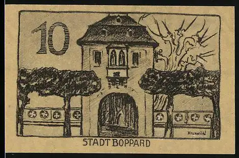 Notgeld Boppard, 1920, 10 Pfennig, Stadtansicht und Wappen mit Burg, Gutschein der Stadt Boppard