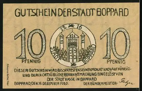 Notgeld Boppard, 1920, 10 Pfennig, Stadtansicht und Wappen mit Burg, Gutschein der Stadt Boppard