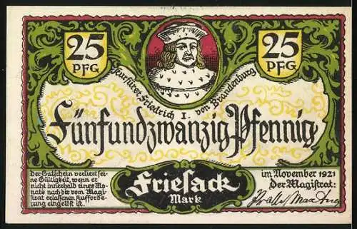 Notgeld Friesack 1921, 25 Pfennig, Rheinpartie mit Boot und Portrait von Friedrich I. von Brandenburg