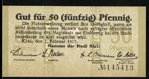 Notgeld Kiel, 1917, 50 Pfennig, Gut für 50 Pfennig, gültig bis zur Einlösung bei Stadthauptkasse, ausser Kurs