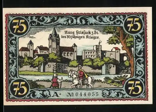 Notgeld Friesack 1921, 75 Pfennig, Burg Friesack und Kurfürst Friedrich I. von Brandenburg