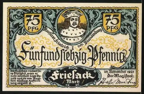 Notgeld Friesack 1921, 75 Pfennig, Burg Friesack und Kurfürst Friedrich I. von Brandenburg