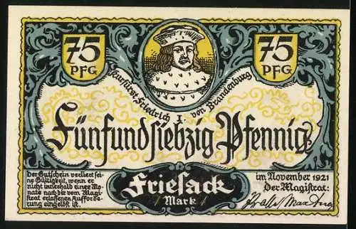 Notgeld Friesack, 1921, 75 Pfennig, Raubritter-Überfall auf reisende Kaufleute, Graf Albrecht II. von Lindau-Ruppin